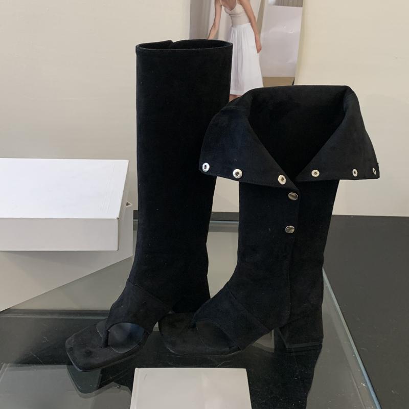 Eilyken Autumn Fashion Square Clip Toe Women Knee High Boots Sandals Square Low Heels Buckle Strap Vintage Shoes Long Botas