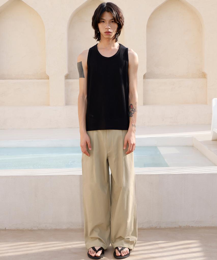 SIGNATURE One-Pleat Wide Cotton Pants [Beige]