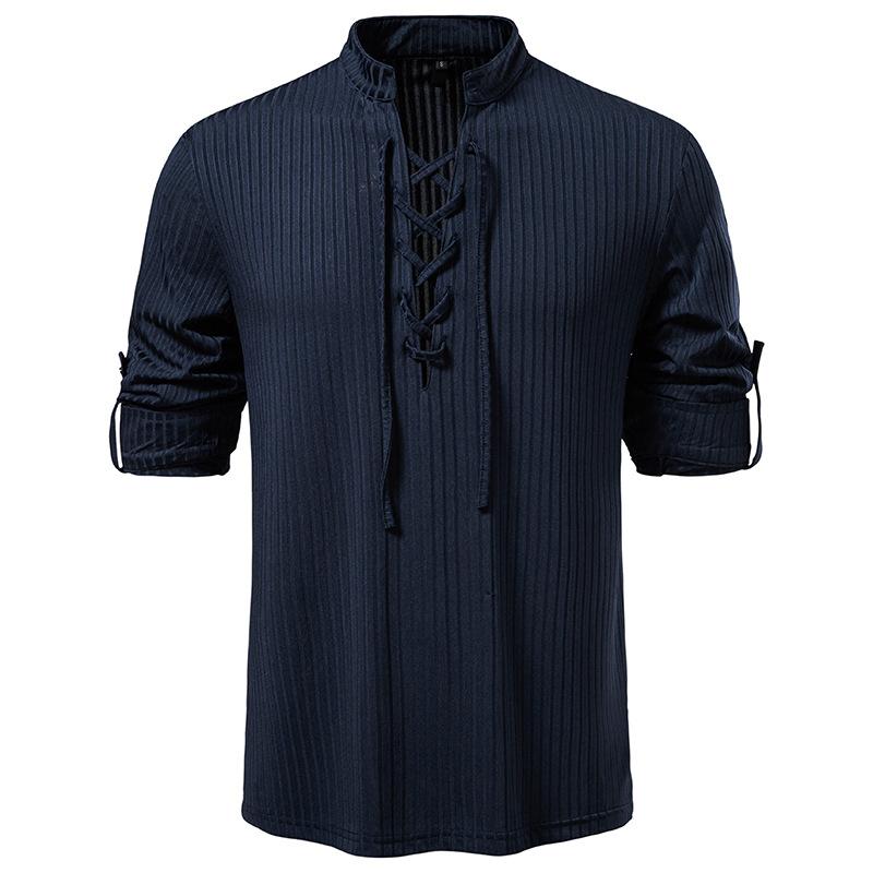 Men's Lace-Up Stand Collar Striped Shirt Long Sleeve Casual Top for Men Spring Autumn Fashion Multi-Color Textured Male Blouse