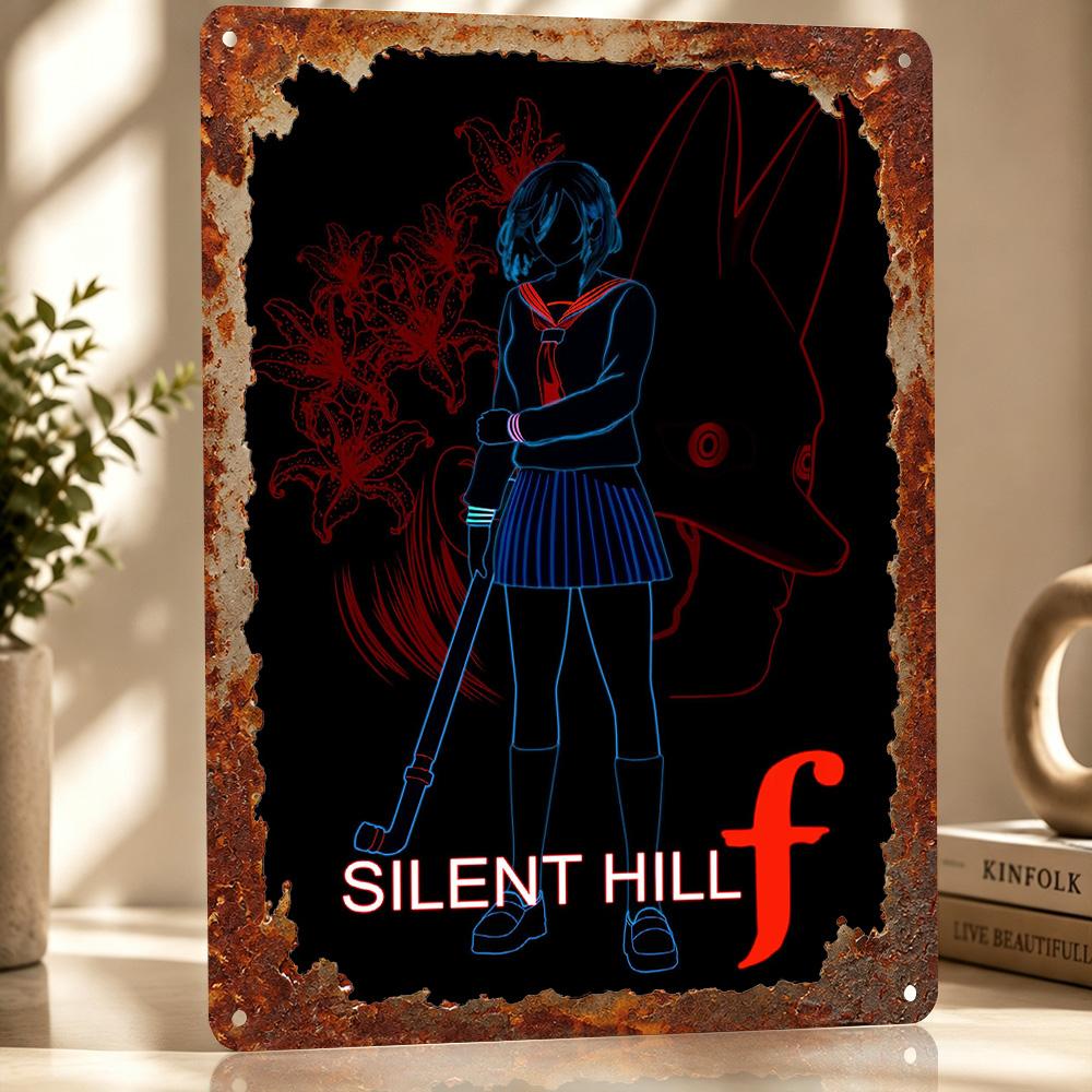 Silent Hill F Neon Illustration D Printed Texture Poster Personalized Wall Art Retro Metal Tin Signs for Gaming Room Decoration