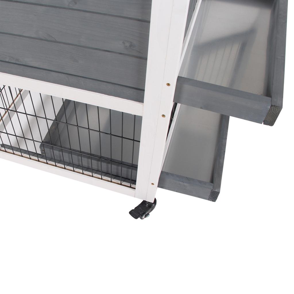 Wooden Rabbit Hutch with Wheels for Indoor Use, 2-Story Cage with Ramp and 2 Removable Trays, 110x50x88cm, Grey