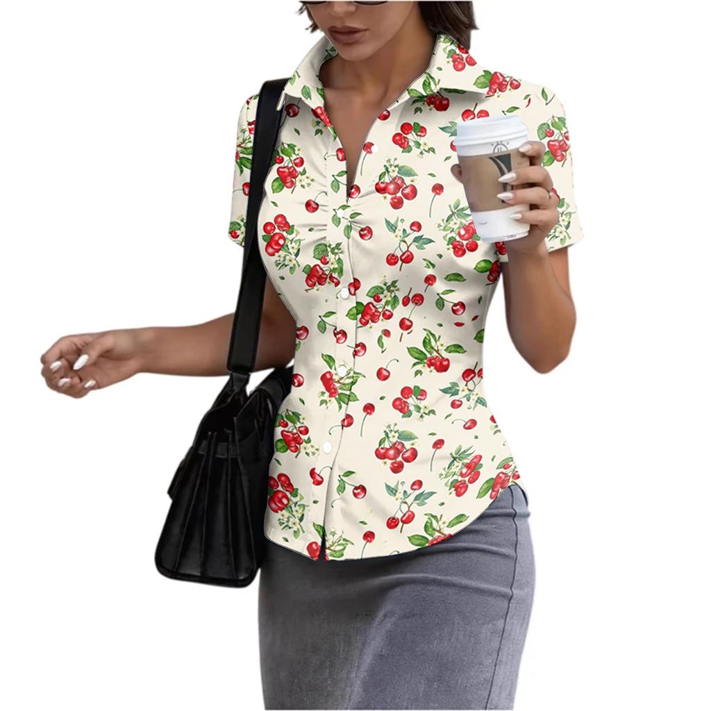 Women Short Sleeve Button Down Shirt Slim Fit Collared Blouse Lightweight Casual Workwear Top for Summer