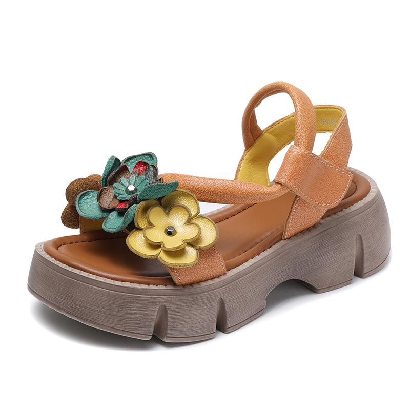 

2024 удобные женские туфли на высоком каблуке и платформе из натуральной кожи в этническом стиле, женские пляжные летние сандалии с цветочным принтом 38