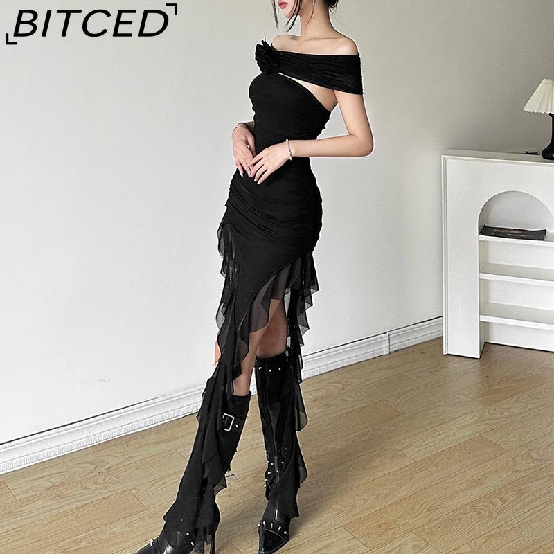 BITCED Spring Women's Solid-Color Slim-Fit High-Waisted Fashion Off-the-Shoulder Strapless Dress