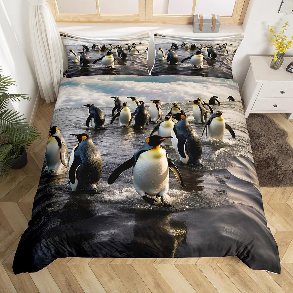 Penguin Duvet Cover Twin Queen Size Antarctic Animal Bedding Set For Kids Boys Girl Cartoon Black White Wildlife Comforter Cover