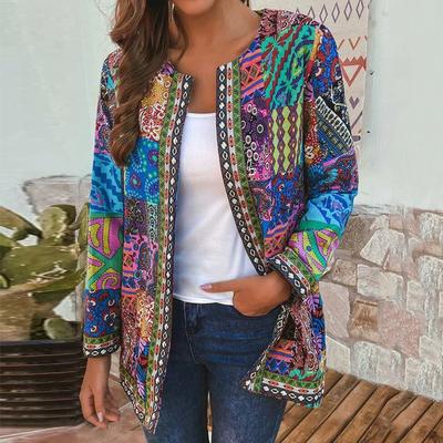 Women's Fall Retro Ethnic Style Printed Long Sleeve Sweatshirt Large Size Round Neck Loose Jacket