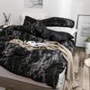 3Pcs Set Polyester Marbled Quilt Cover Pillowcase Bedding Set EU Double Size (Black)