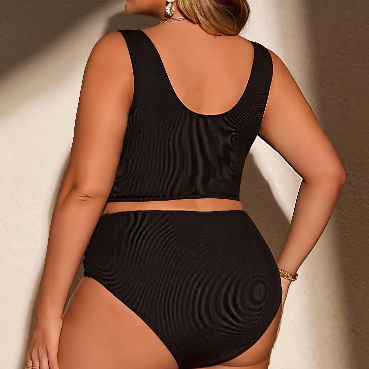 Women's Plus Size High Waist Two Piece Swimsuit, Modest Solid Ribbed Bathing Suit, Tummy Control Ruched Bikini Set