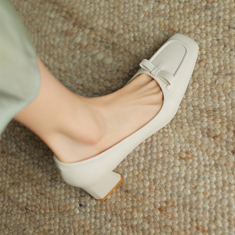 Fashion 2024 New Spring Women Shoes Square Toe Women Pumps Shallow Loafers Shoes for Women Butterfly-knot Retro Ladies Shoes High Heels