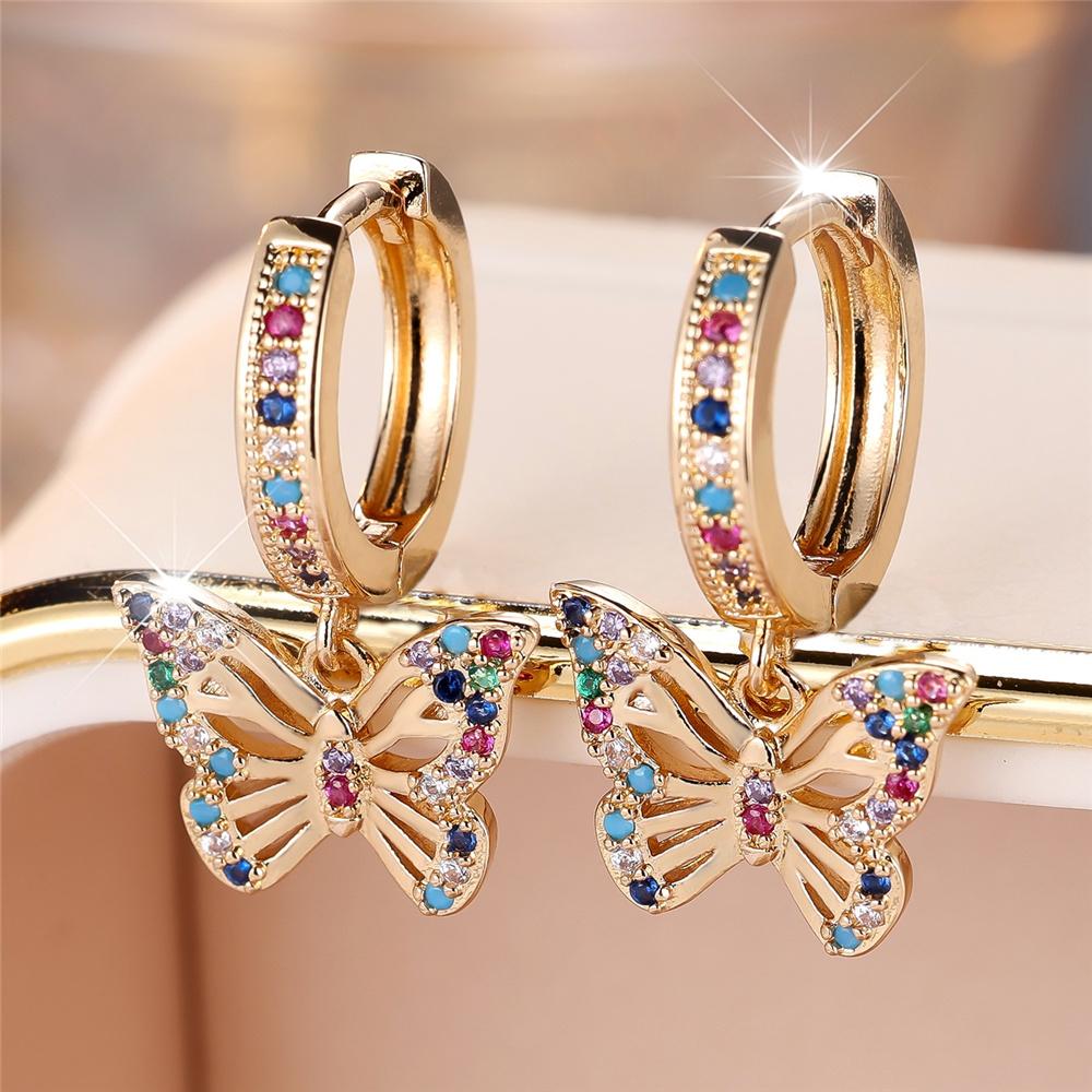 Luxury Female Rainbow Zircon Butterfly Hoop Earrings Fashion Gold Color Wedding  For Women