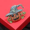 1pc Vintage Rhinestone-Adorned Jack-O'-Lantern Pin - Sparkling Pumpkin Brooch with Green Witch Hat & Black Eyes, Orange & Blue Design for Halloween Pa