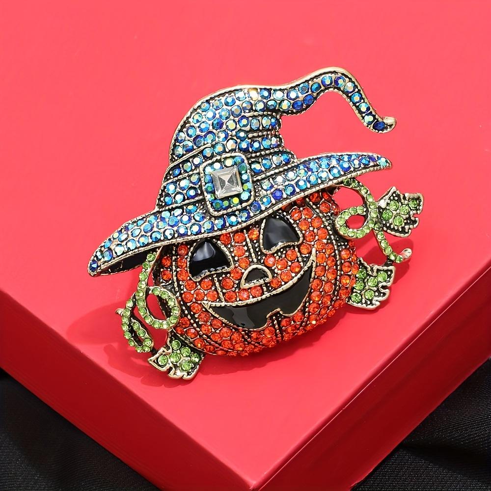 

1 шт. Винтажная брошь-тыква Jack-O -Lantern, украшенная стразами - Сверкающая брошь-тыкву с зеленой шляпой ведьмы и черными глазами, оранжево-синий дизайн для Хэллоуина