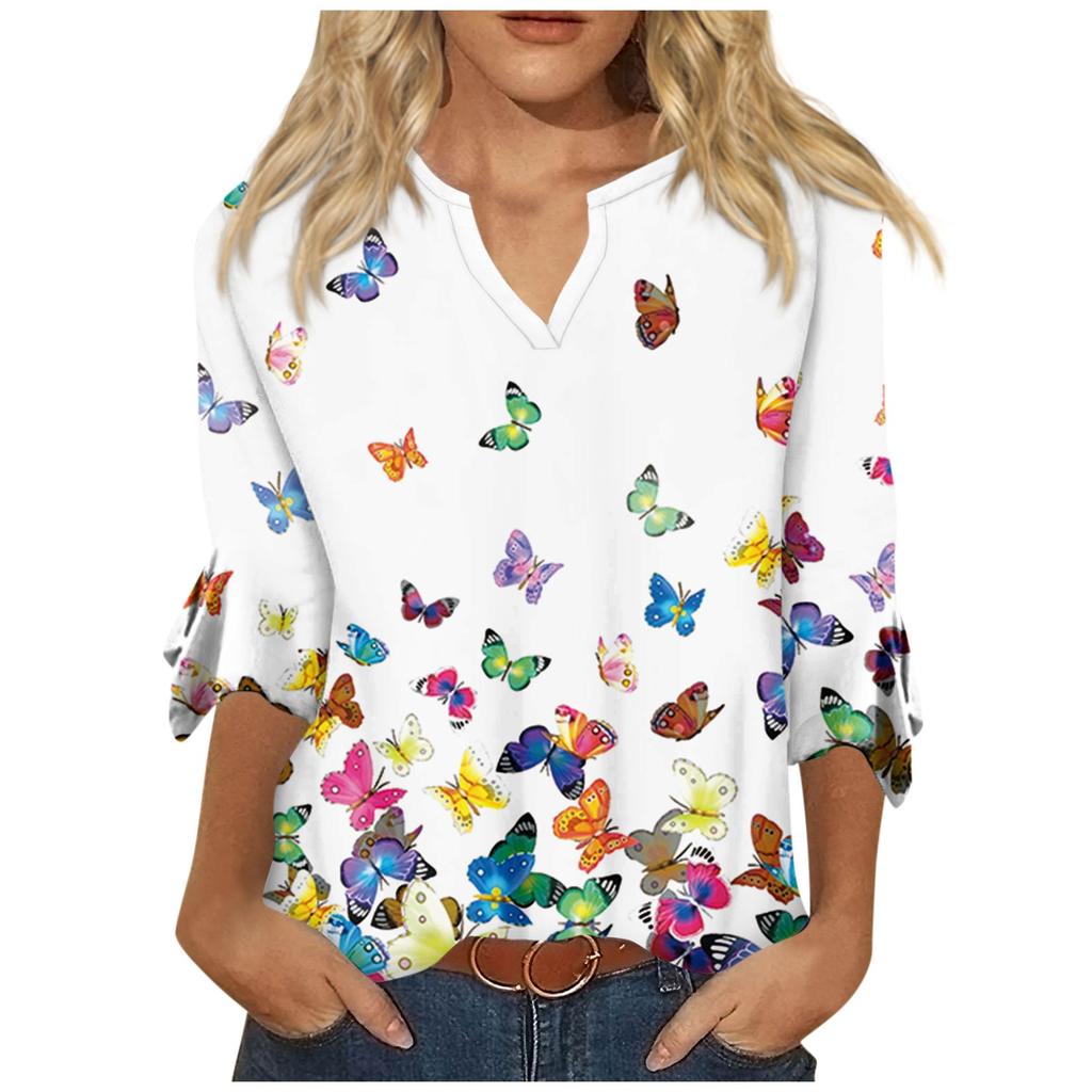 Women's Top Loose Casual V-neck Printed Blouses Bell 3/4 Sleeve T-shirt