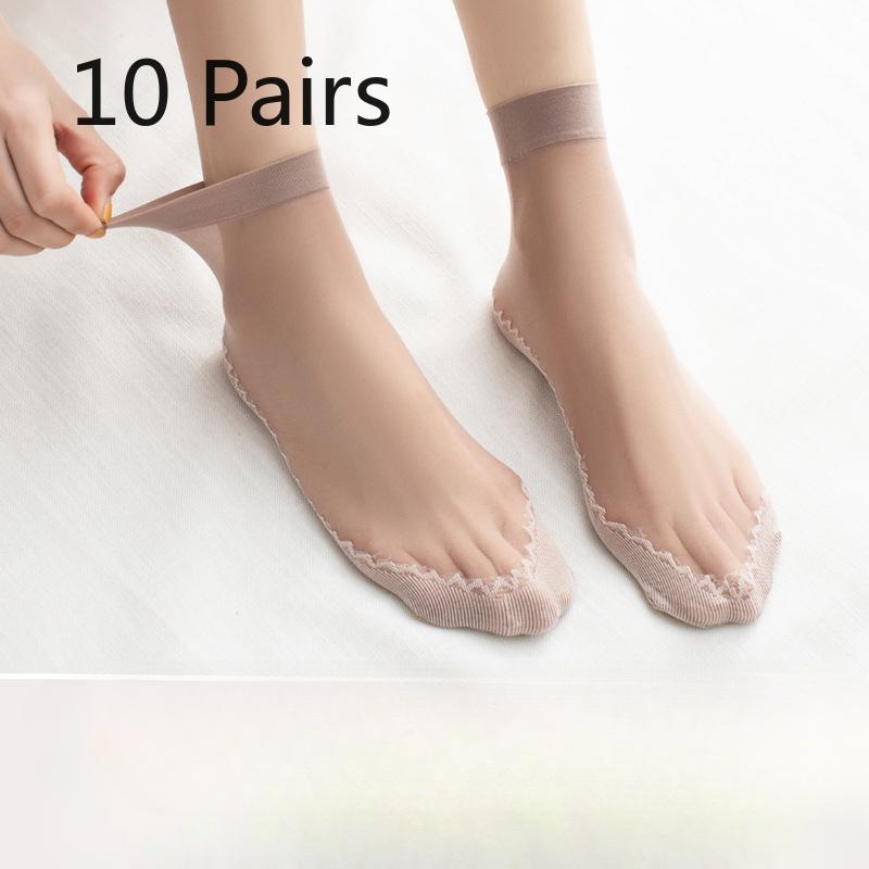 10 Pairs of Women's Summer Thin Cotton Bottom Non Slip Anti Hook Wire Durable Mid Tube Stockings