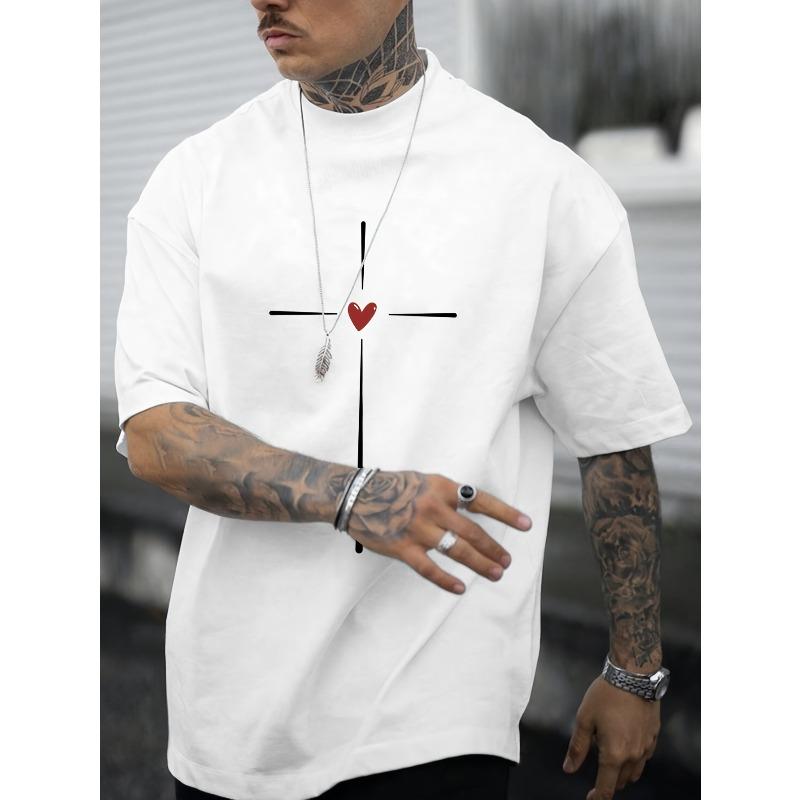 

European sizes Summer Outdoor Men s Graphic T-shirt Love Heart Graphic Print Men s Creative Top, Casual Short Sleeve Crew Neck T-shirt 4XL білий