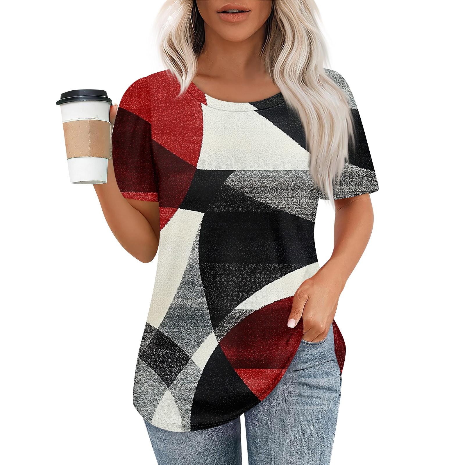 

Футболки для женщин, плиссированные, с круглым вырезом, нарядные, повседневные, блузки с принтом, с коротким рукавом, летние топы, свободный крой XXL