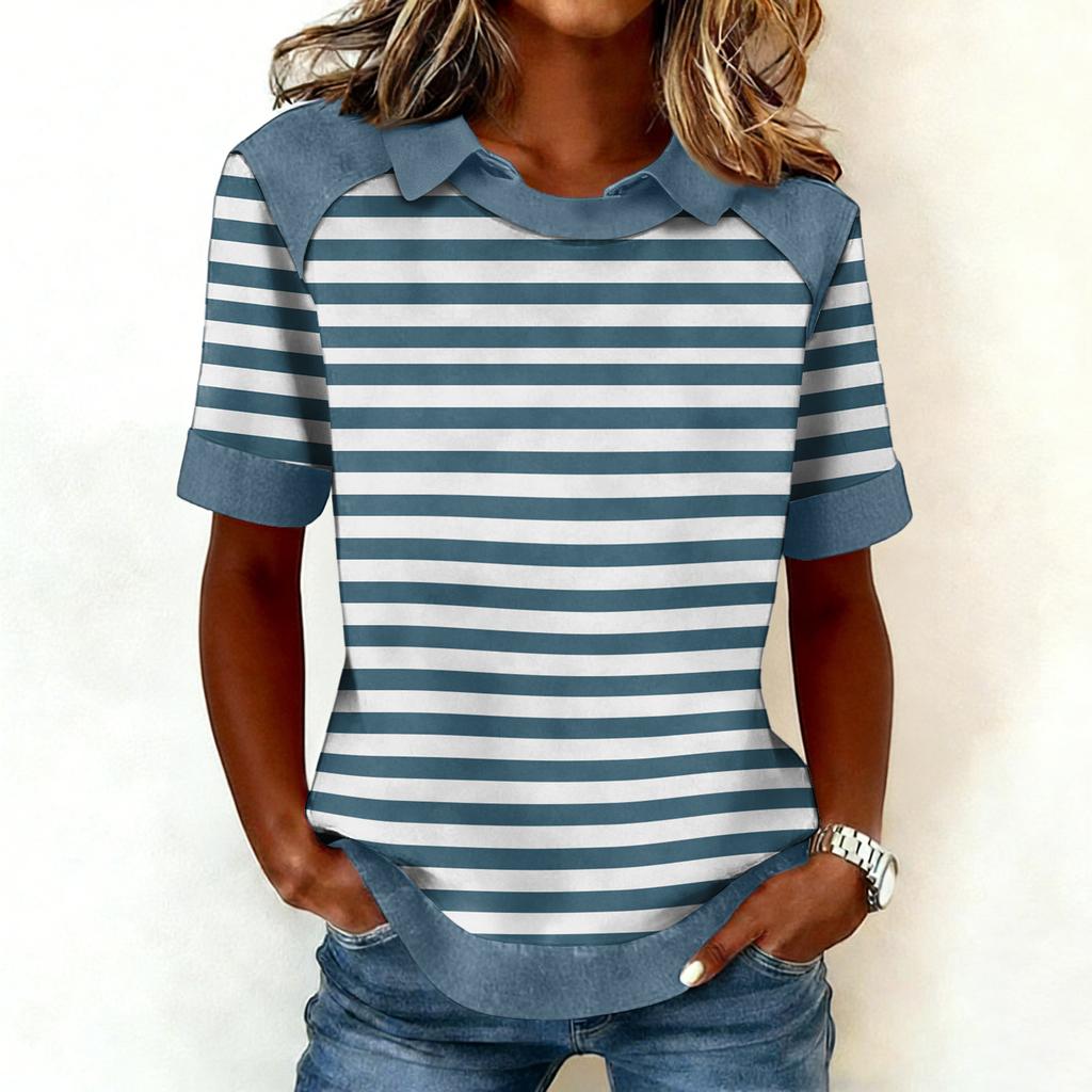 Women's Fashion Collar Cowboy Splicing Sweatshirt Casual Printed Hoodie Short Sleeve Shirt Top
