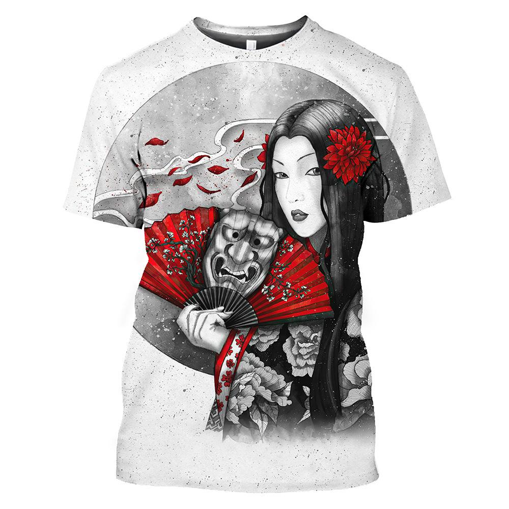 Harajuku Japanese Geisha 3D tištěné pánské a dámské tričko Letní streetwear O-neck Krátký rukáv Top Volný Pár Oblečení