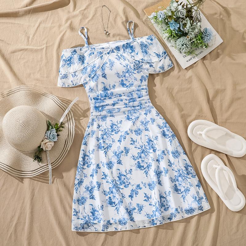 

Sweet Pastel Blue Dress for Girls - Summer Children s Elegant Floral Halter-neck Princess Dress 130cm=8Y небесно-голубой