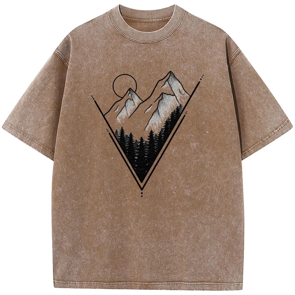 Geometrischer Berg Sonnenuntergang Aufdruck Kurzarm Herren- und Damen-Freizeit-T-Shirt Gewaschenes Distressed T-Shirt im alten Stil