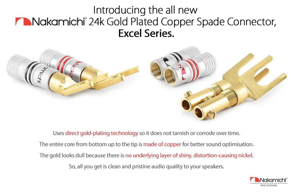 Nakamichi Excel Series 24K Gold Plated Spade Connectors 12-18 AWG 4mm for Speaker Amp Hi-Fi AV Stereo Home Theater Screw Type 16pcs 8 Pairs