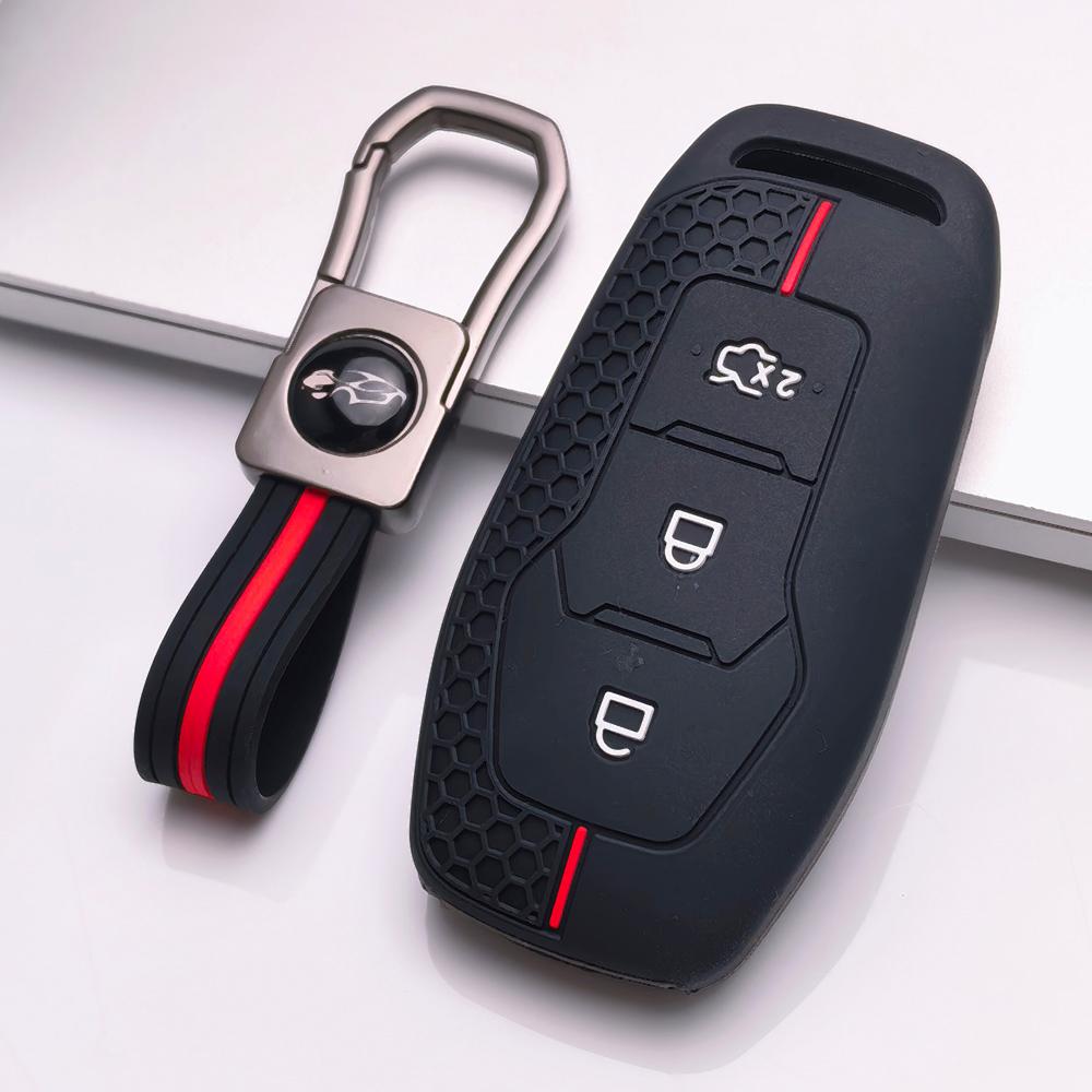 Silicone Key Cover with Keychain for Ford 3 Button Smart Key, Fits Ford Focus Mondeo Kuga Escape MK4 Mustang Against Non-Slip Honeycomb Grip