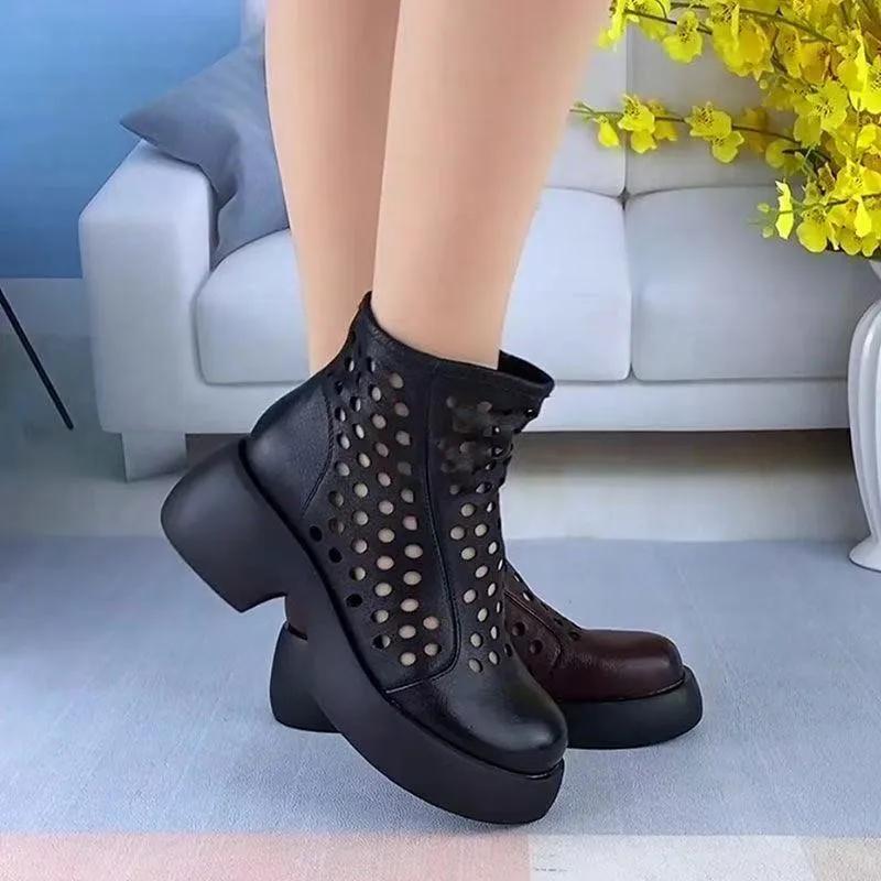 Fashion Summer New Roman Sandals Women Vintage Fashion Platform Mesh Breathable Thin Cutout Sleeve Booties