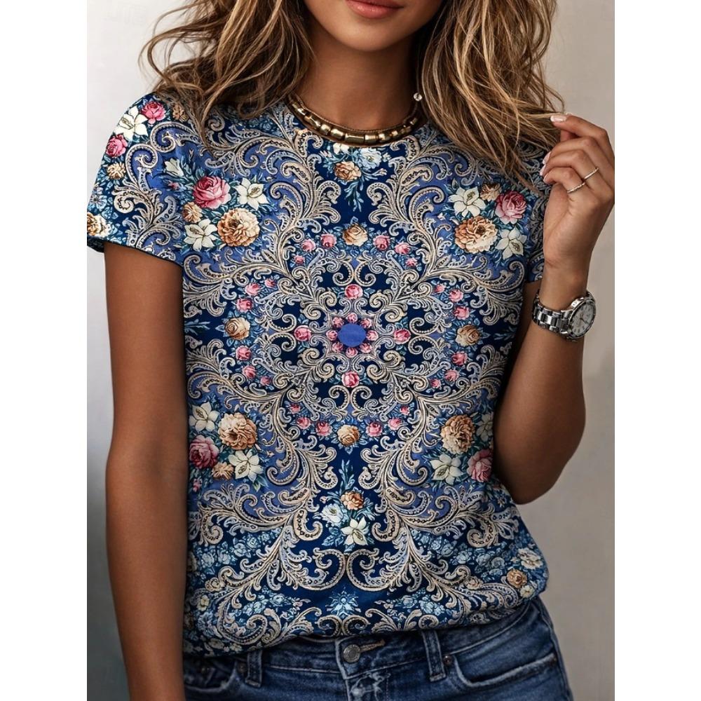 Fashion Women Retro Creative Paisley Print T Shirt Funny Casual O-neck Short Sleeves T-shirt Summer Female Tee Shirt