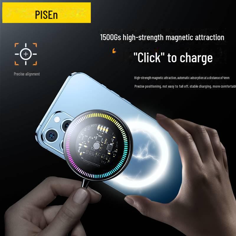PISEN MagSafe-Compatible Magnetic Wireless Charger with Atmosphere Light for Apple & Android