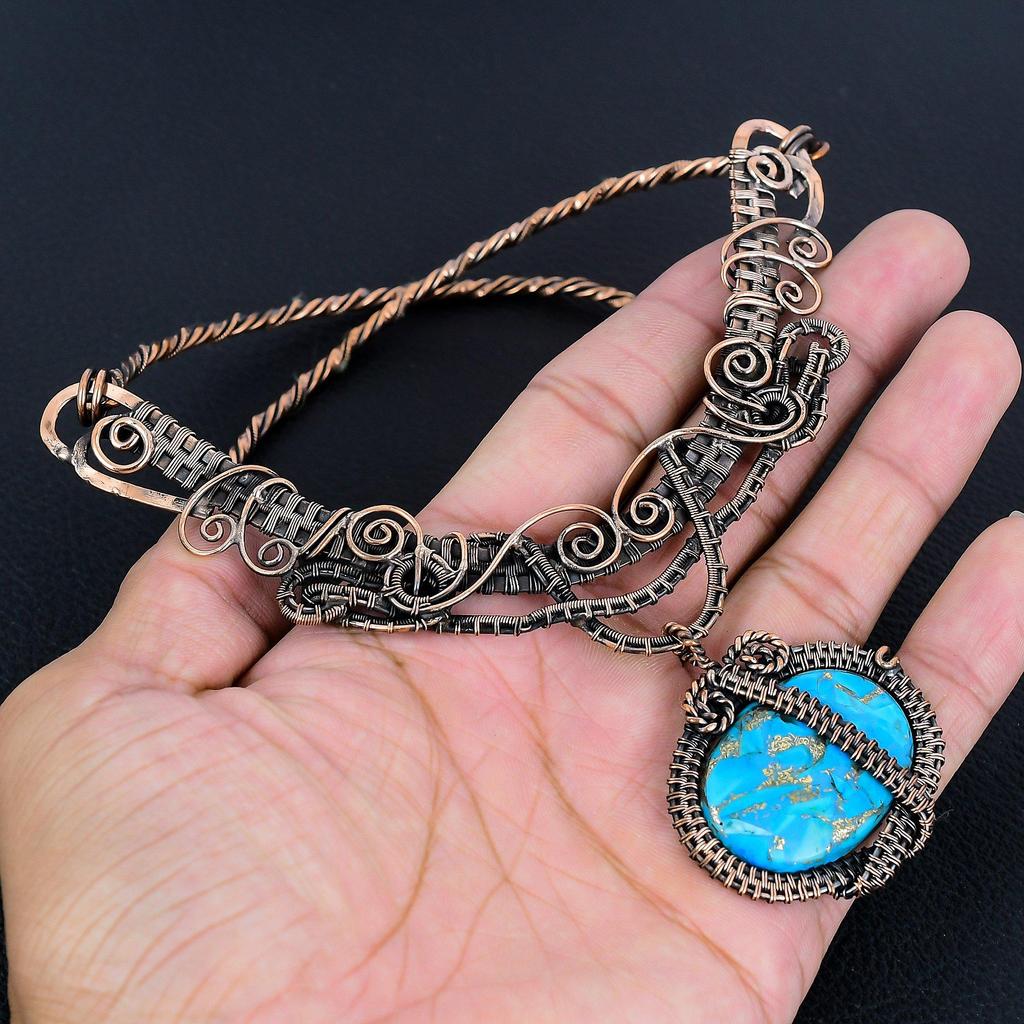 Blue Copper Turquoise Handmade Gemstone Necklace, 999 Copper Wire Wrapped Necklace Antique Jewelry, For Engagement Gift