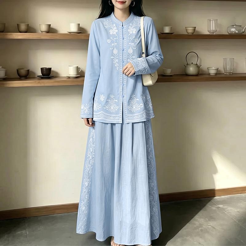 ZANZEA Women Ethnic Print Casual Long Sleeve Blouse and Long Skirts Two Piece Suit Set