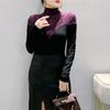 Winter Kontrastfarbe Langarm Basic Bluse Halber Rollkragen Oberteil T-Shirt Damen Schlank Temperament Bluse