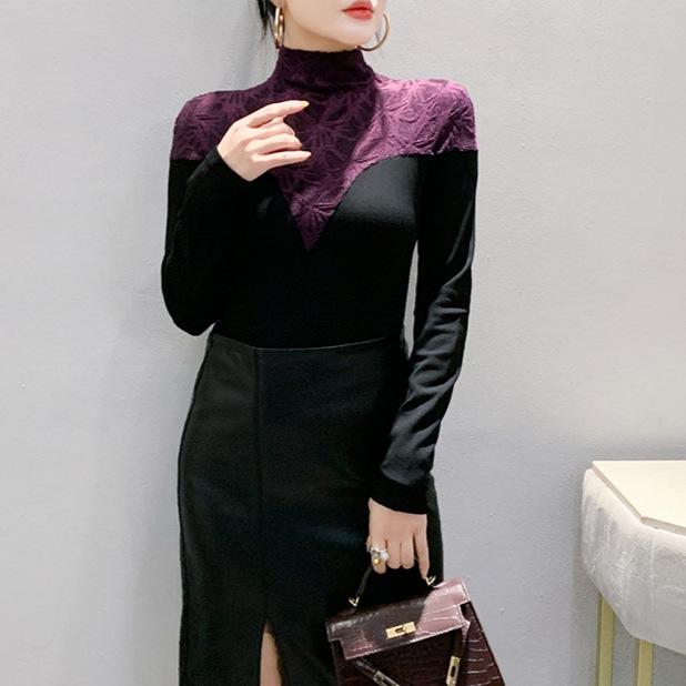 Winter Kontrastfarbe Langarm Basic Bluse Halber Rollkragen Oberteil T-Shirt Damen Schlank Temperament Bluse