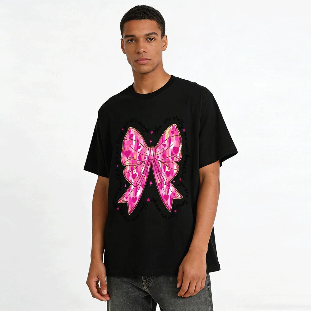 Inspirational Bow Heart Print Tee You Are Loved Worthy Enough Top Pure Cotton T-shirt