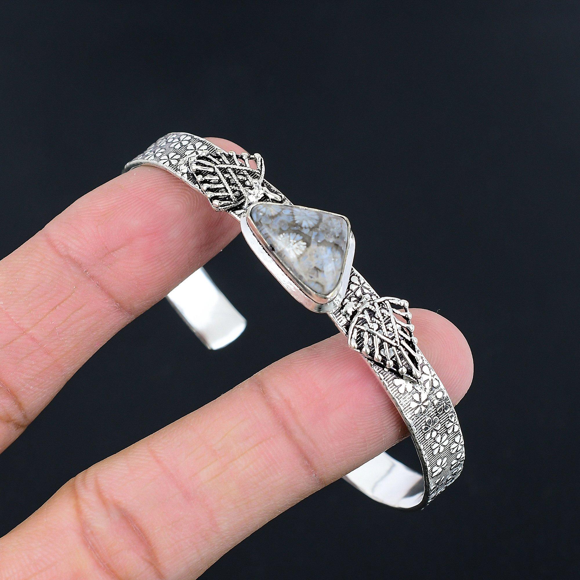 

925 Silver Trillion Natural Fossil Coral Wife Wedding Elegant Engagement Bangle Adjustable