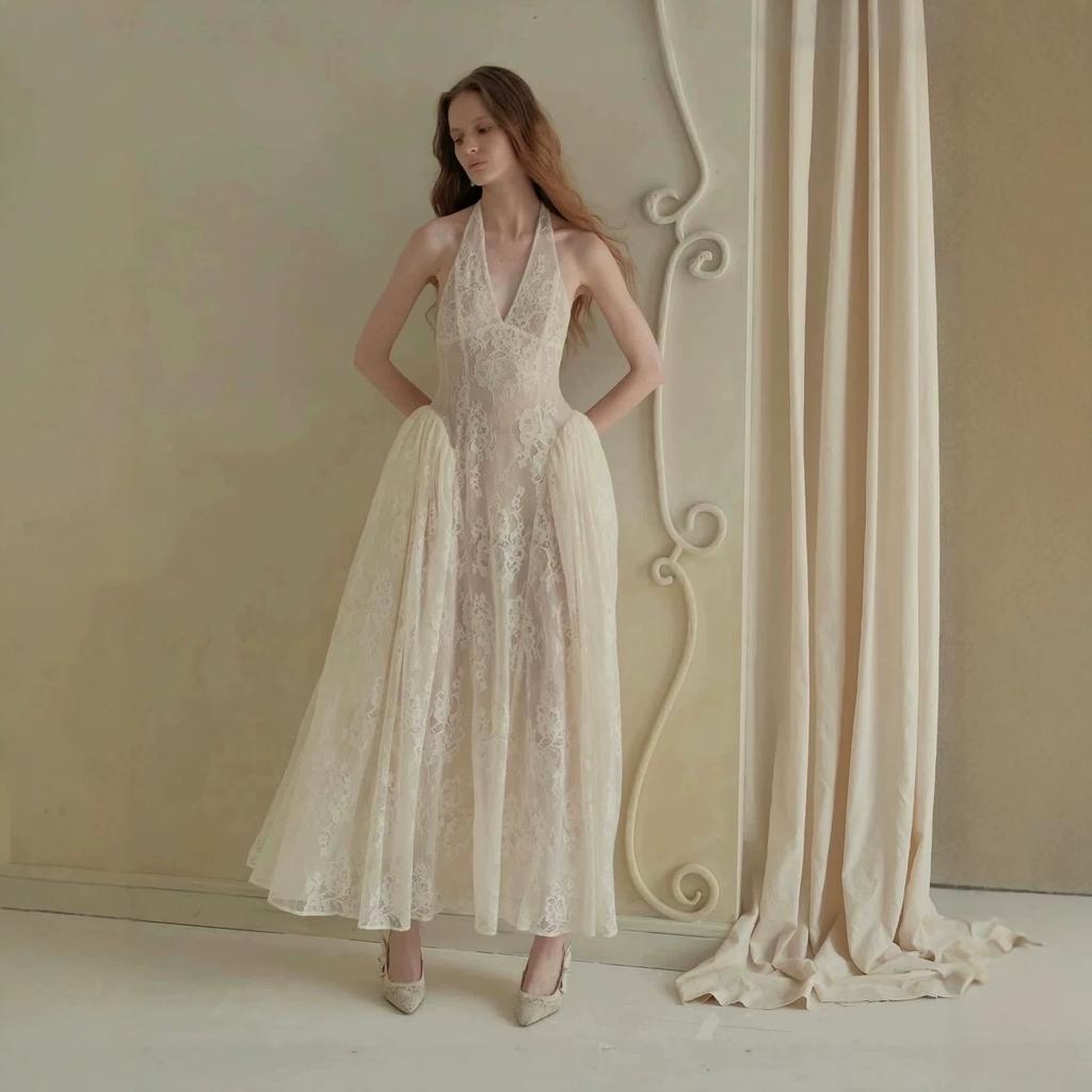 Mori light wedding dress, neck V-neck halter, fishbone girdle waist perspective lace long pendulum fairy dress