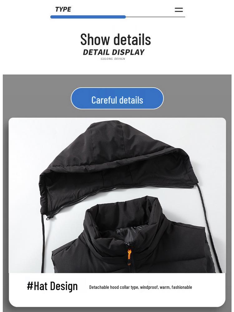 Herren Plus Size Color Block Baumwollweste mit abnehmbarer Kapuze - Herbst/Winter Lässige Weste