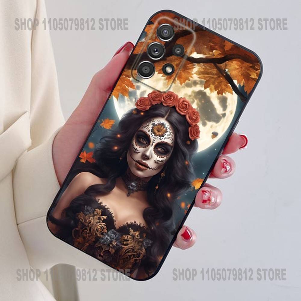 Catrina Beautiful Rose Girl Skull Phone Case For Samsung S25,24,21,22,23,30,Ultra,20,Plus Black soft silicone case