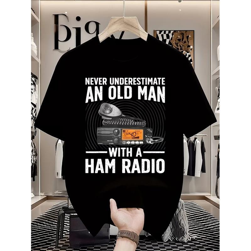 Men's Vintage Ham Radio Graphic T-Shirt - "Never Underestimate an Old for with a Ham Radio" Slogan, with Print, S-3XL Sizes, Casual Round Neck Tee