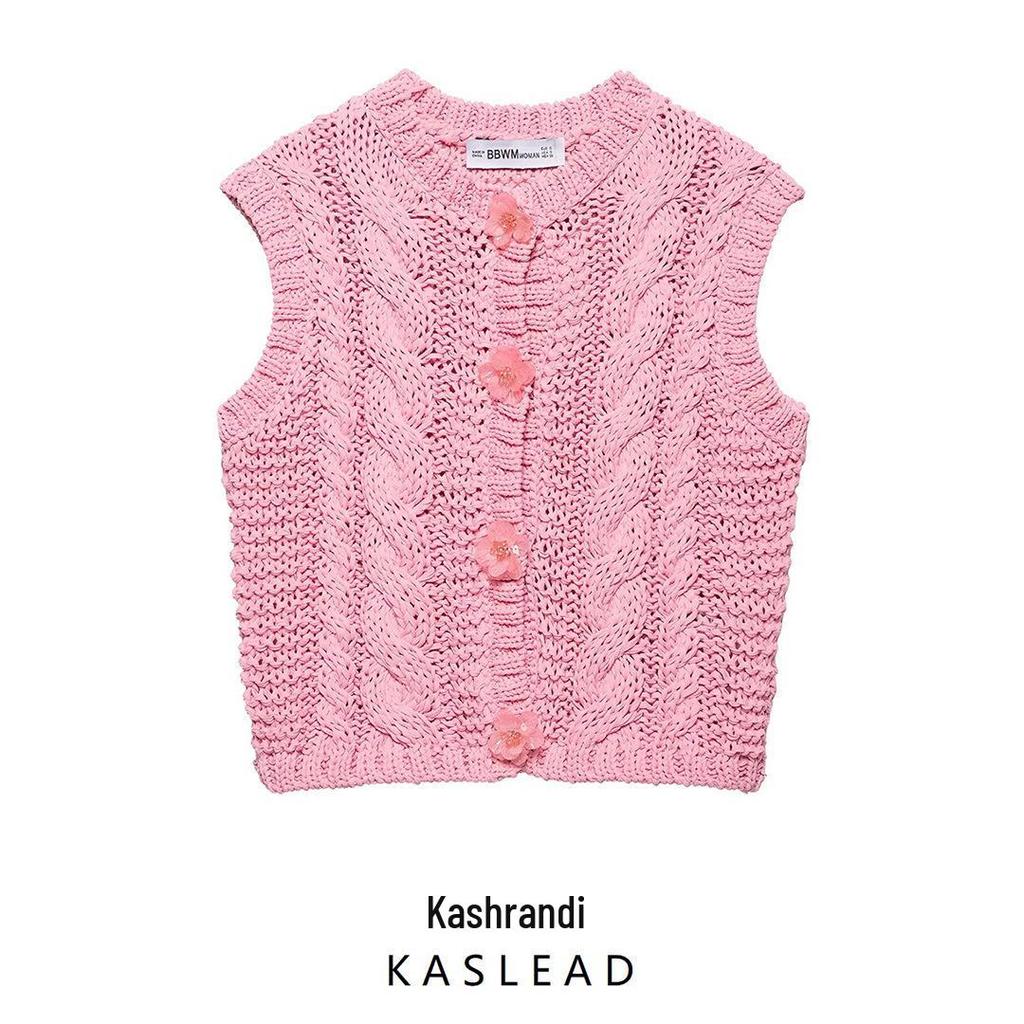 2025 Spring Women's European & American Floral Button Knitted Vest