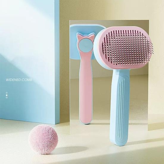 Pet Grooming Comb Self-Cleaning Dog Shedding Brush Angled Stainless Steel Teeth Massage Comb