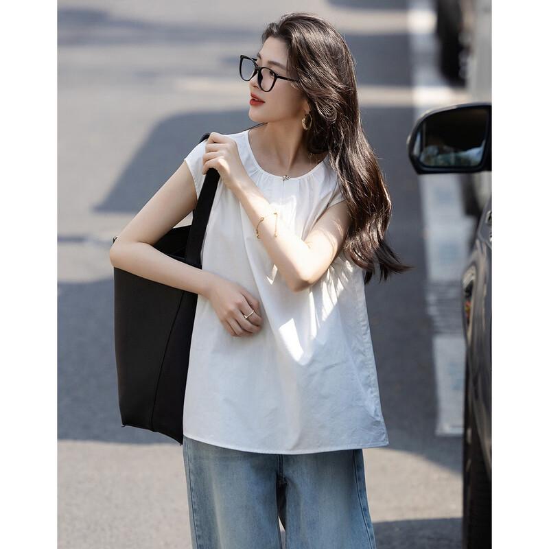 Women's Lightweight Cotton Poplin Split Neck Flutter Sleeve Blouse