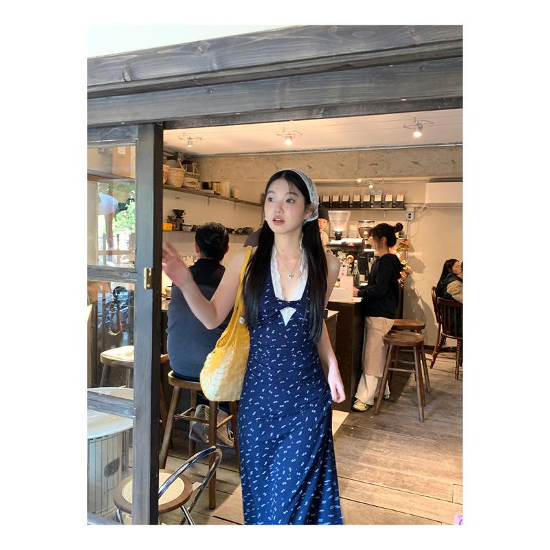 Suspender dress women's summer new floral hanging neck waist thin long dress temperament skirt