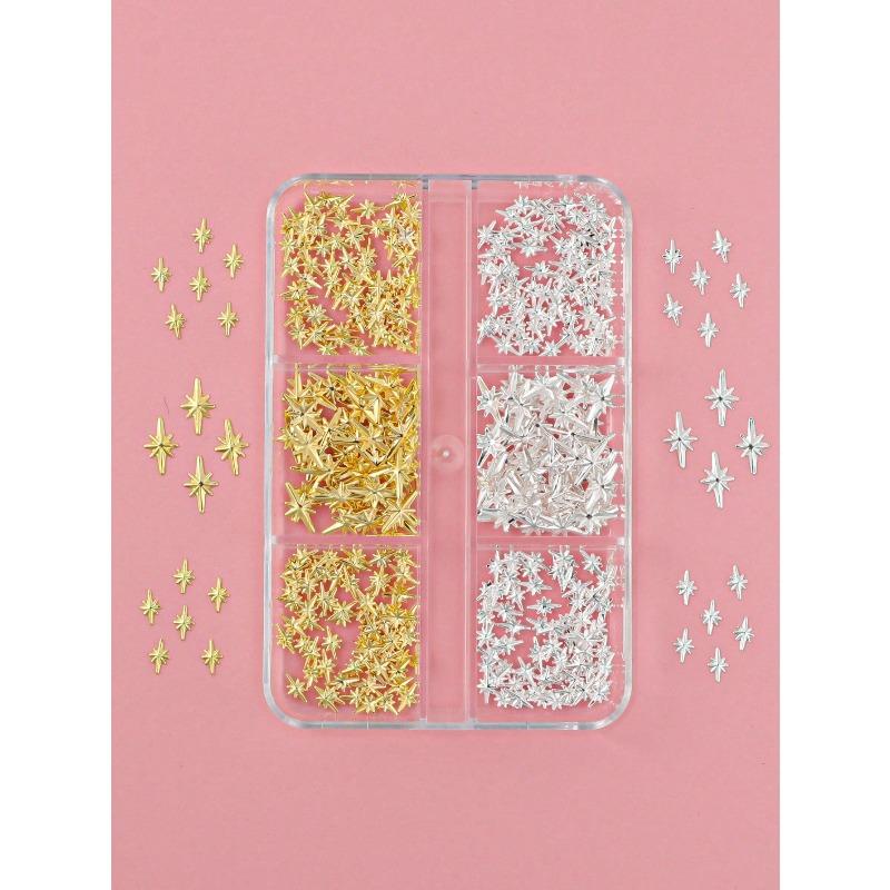 6 Grids Nail Studs, 3D Gold & Silver Cross Star, Mini Metallic Hexagram Rivets, DIY Nail Art Accessories, Women & Girls Nail Supplies
