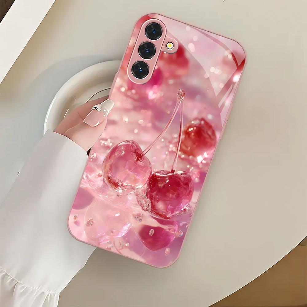 Pink cherry patterned glass phone case suitable for Samsung Galaxy S26 S25 S24 S23 S22 S20 FE/Ultra/Plus shockproof back cover