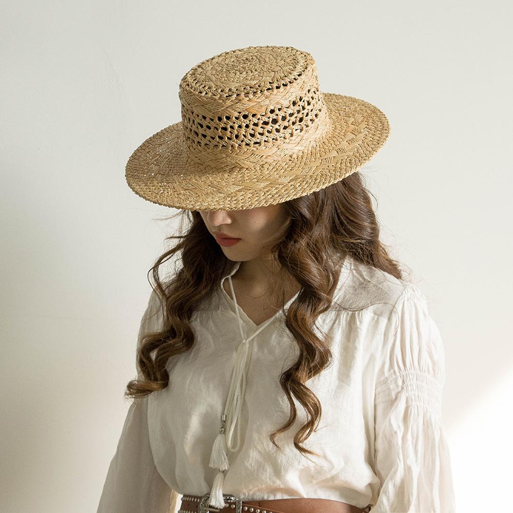 Summer Handwoven Hollow Pattern Wide Brim Raffia Straw Hat - Beach Travel Sun Protection
