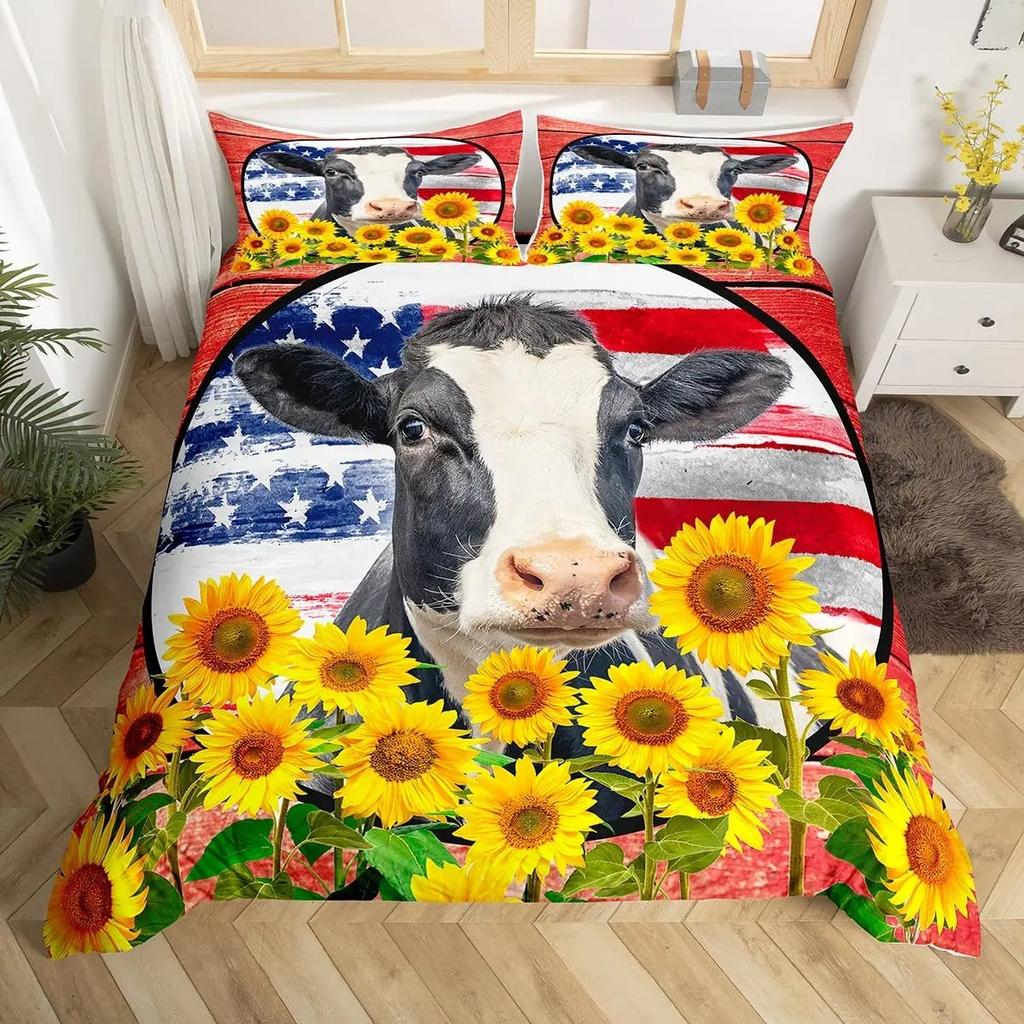 Cow Duvet Cover Collection King Microfiber Milk Cow And Yellow Sunflower Print Comforter Cover Cute Animal And Floral Theme Bedding Collection