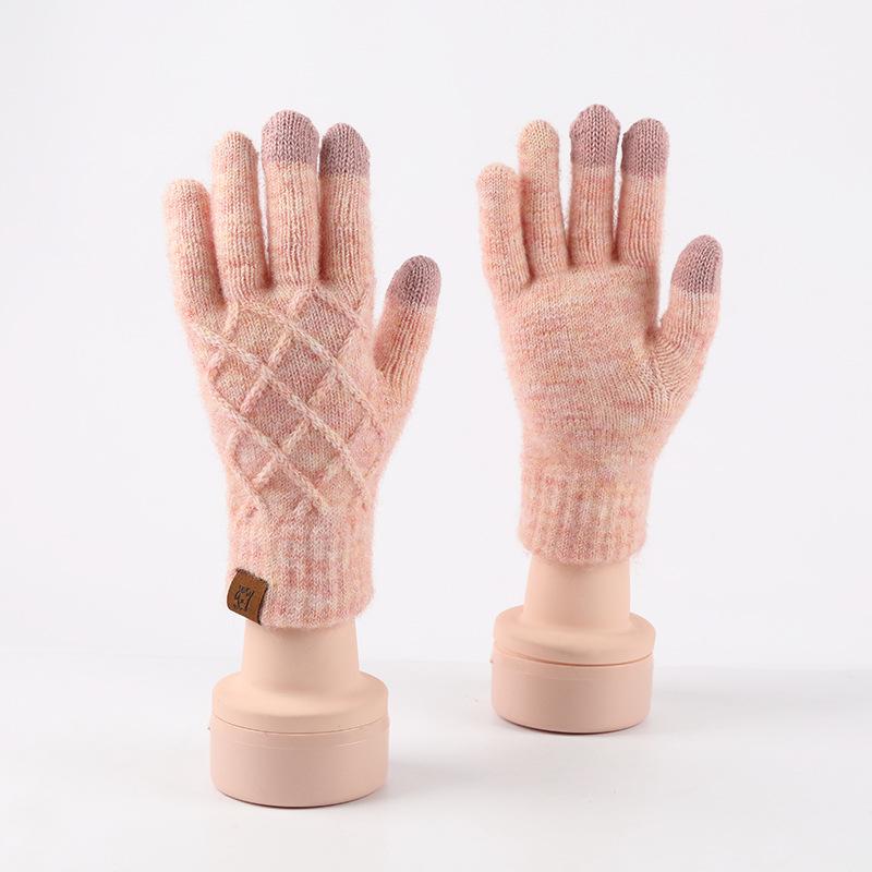 Gants chauds d'hiver pour adultes gants en laine tricotée à motif fleur d'ananas pour femmes gants cinq doigts d'extérieur en velours coupe-froid