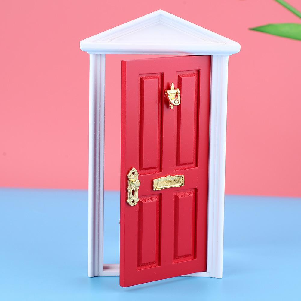 1: 12 Doll House Miniatures Wooden Door Children Funny Toy Gift Decor (Red)
