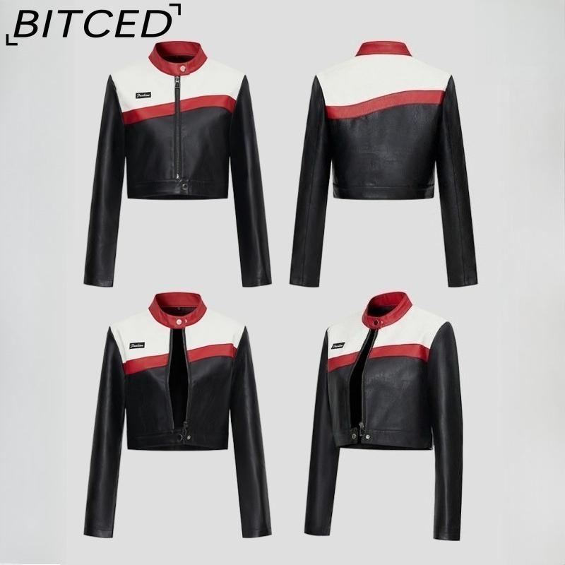 BITCED Women's Color-Blocked Patchwork Biker Jacket Pilot Jacket Short-Length Leather Jacket